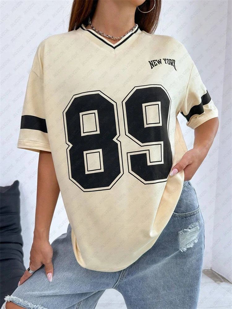 New York 89 Graphic Tee - Women's Harajuku V-Neck Top