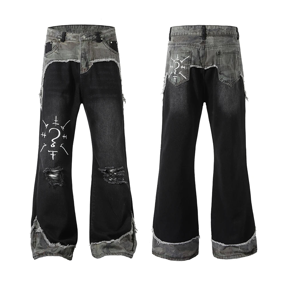 Vintage Patchwork Bootcut Men Jeans Streetwear Essential