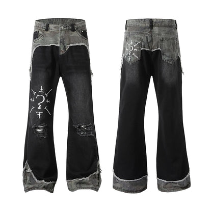 Vintage Patchwork Bootcut Men Jeans Streetwear Essential