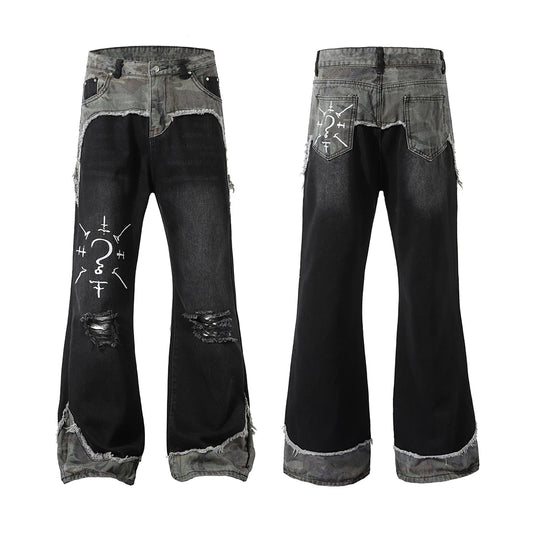 Vintage Patchwork Bootcut Men Jeans Streetwear Essential