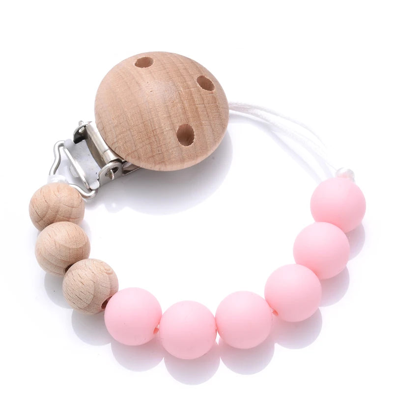 Wooden Pacifier Clip Silicone Beads Baby Teether Toy