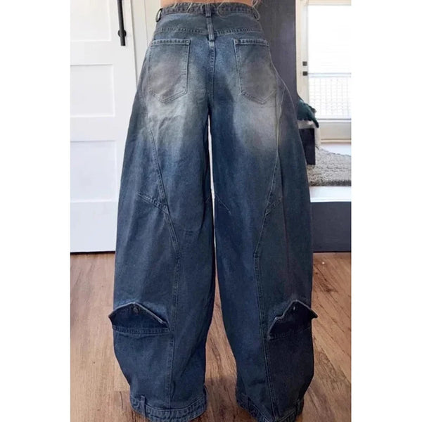 Womens Y2K Asymmetric Jeans Washed Denim Loose Fit Grunge Harajuku