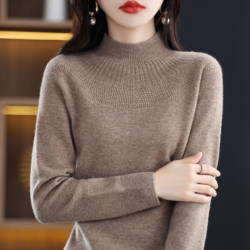 Cashmere knitting sweater high collar merino wool high collar slim soft long sleeve pullover top - xinnzy