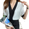 V Neck Contrast Color Blouse Women Short Sleeve Chiffon Office Top