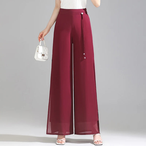Women's Double Layer Chiffon Pants Elastic Waist Slim Chic