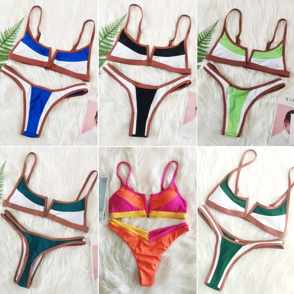 Retro Bikini Patchwork Badeanzug Tanga Brasilianische Sexy Bademode