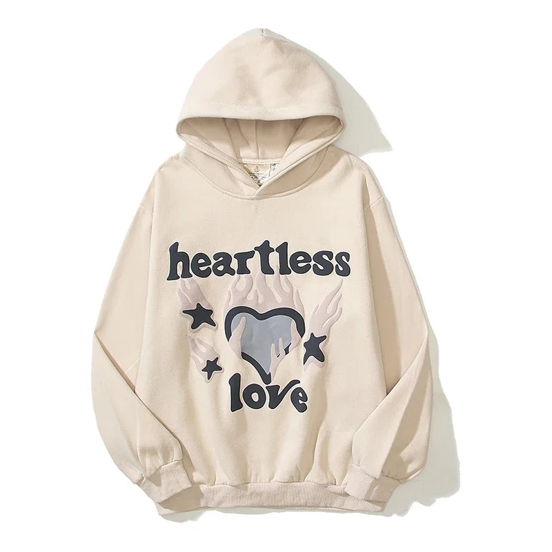 Oversized Heartless Love Hoodie Men’s Retro Puff Print Pullover