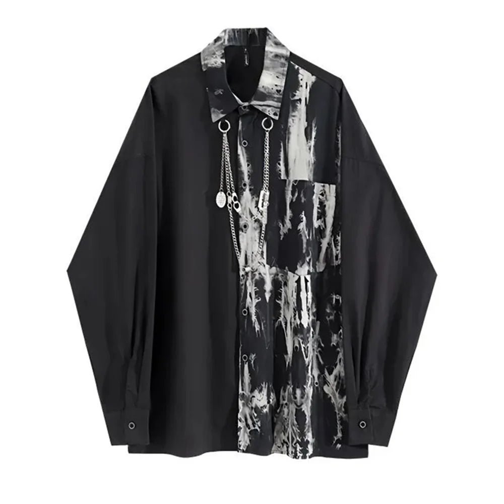 Men's Streetwear Contrast Shirt with Necklace Loose Long Sleeve Top
