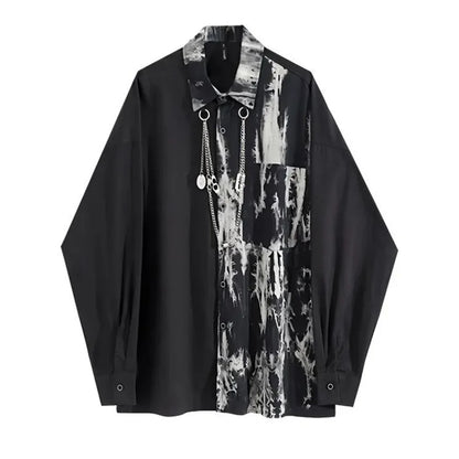 Men's Streetwear Contrast Shirt with Necklace Loose Long Sleeve Top