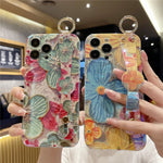 Oil Painting Flower Wirst Strap Holder Phone Case For iPhone Protection Cover