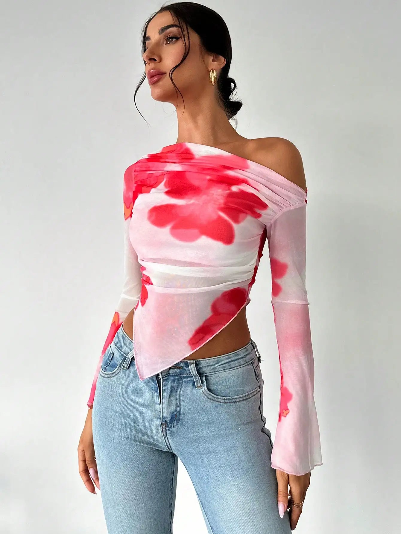 Women's Retro Digital Print Off-Shoulder Blouse Elegant Irregular Tee