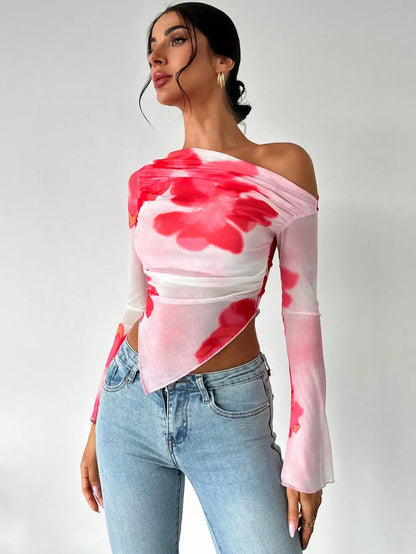 Women's Retro Digital Print Off-Shoulder Blouse Elegant Irregular Tee