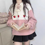 Sweatshirts Women Strawberry Embroidery Pink Pullover