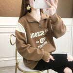 Zipper Spliced Printed Letter Sweatshirts Female Clothing 2024 Spring New Loose All-match