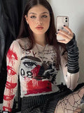 Tulle Fashion Silm Print Goth Top For Women Aesthetic Pullover T-shirt