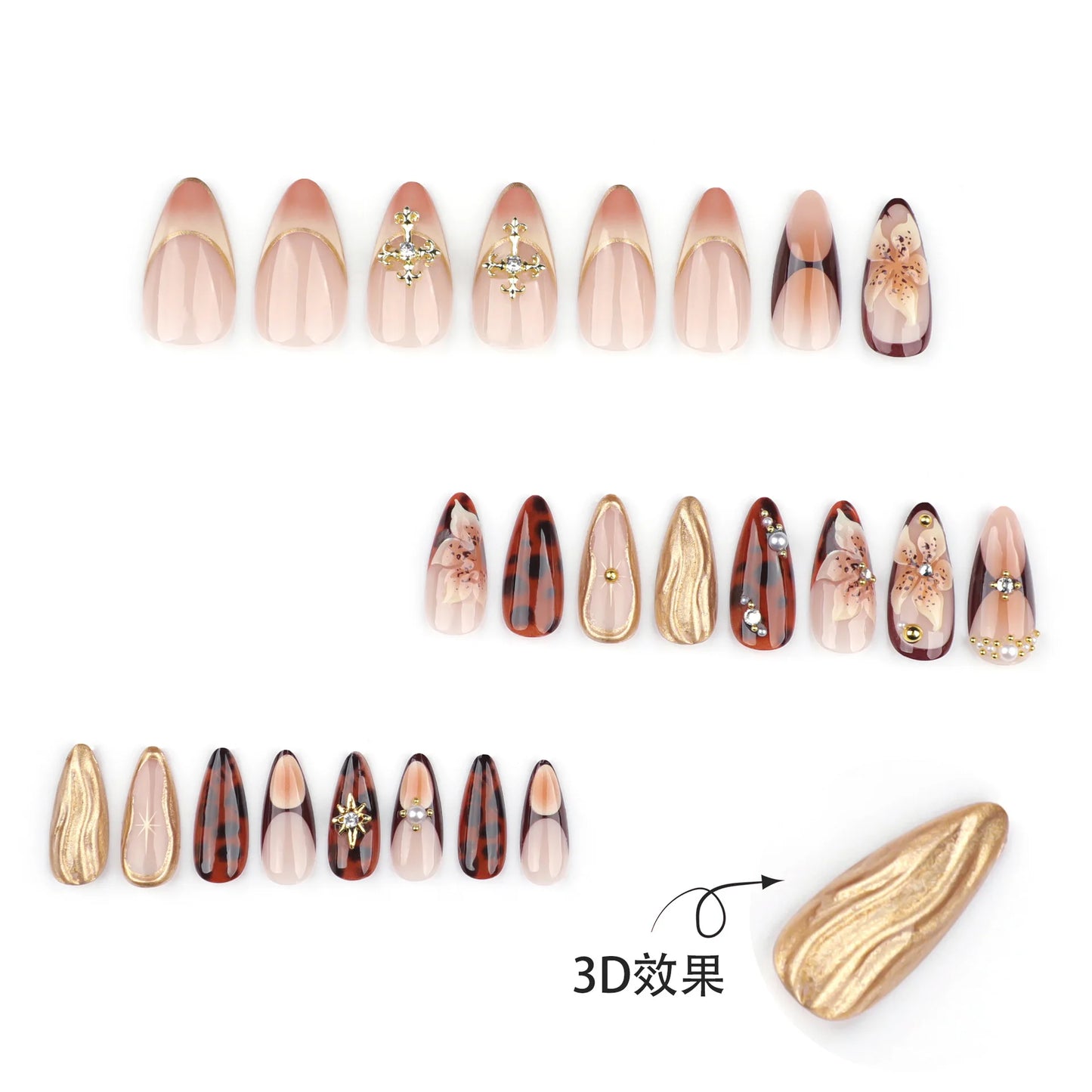 24pcs 3D Carving Devil Flower Press On Nails Brown Long Almond