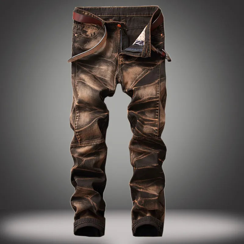 Lässige, mittelhohe, beschichtete, schmale, gerade Biker-Jeanshose mit Falten