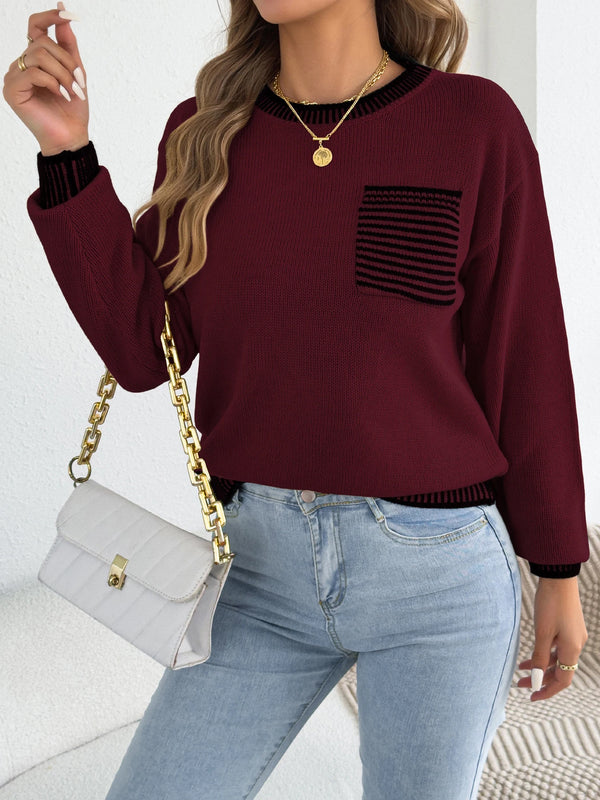 Womens Color Block Stripe Sweater Puff Sleeve Pocket Fall Winter
