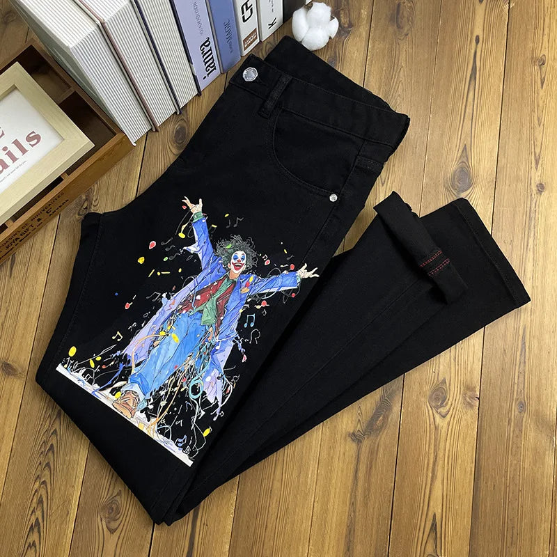 2024 Autumn Clown Print Black Jeans for Men Slim Fit Street Style
