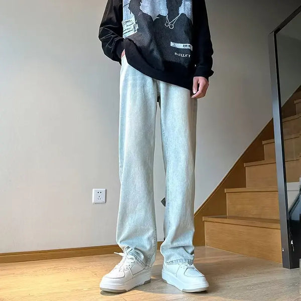 Mens Korean Streetwear Wide Leg Jeans Loose Denim Pants