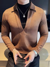 Men Suede V Neck T Shirt Mock Layer Slim Fit Pullover