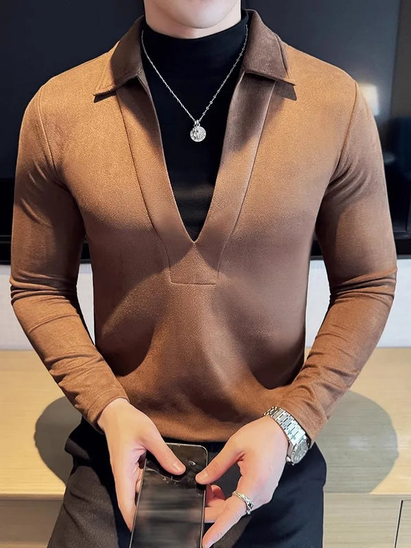 Men Suede V Neck T Shirt Mock Layer Slim Fit Pullover