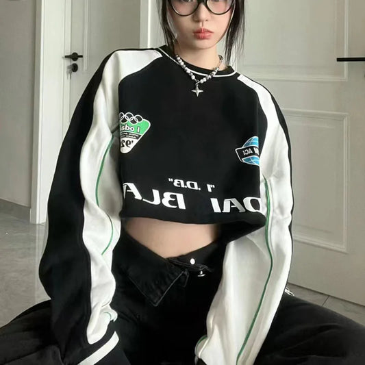 Y2K Letter Print Crop Sweatshirt Women Spring Fashion Patchwork Hoodie