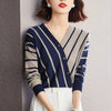 Womens Striped Pullover Sweater V Neck Long Sleeve Button Fall Winter