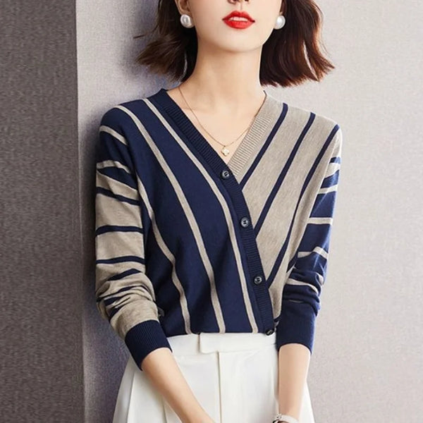 Womens Striped Pullover Sweater V Neck Long Sleeve Button Fall Winter