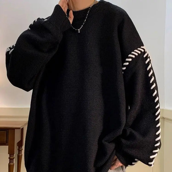 Mens Crew Neck Sweater Oversized Solid Color Knit Pullover Fall Winter