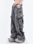 Schicke Vintage-Cargohose mit hoher Taille, trendige Damen-Jeans mit weitem Bein