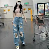 Vintage Hole Y2k Jeans High Waist Jeans Wide Leg Baggy Loose Straight Hip Hop Streetwear