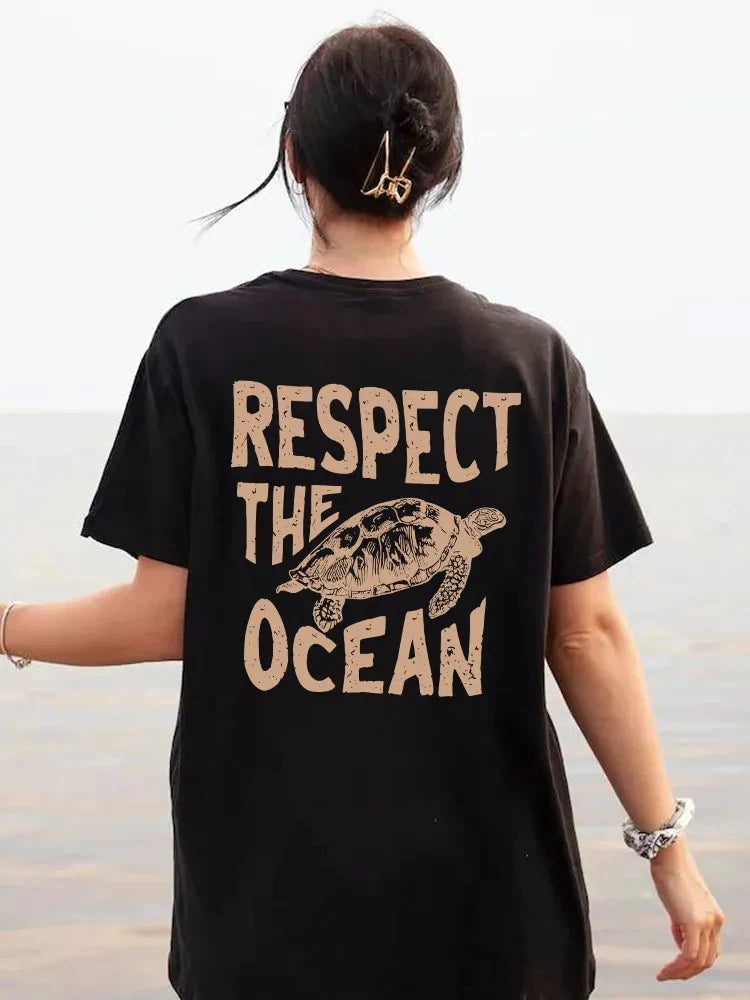 Womens Respect The Ocean Turtle Tee Casual Short Sleeve