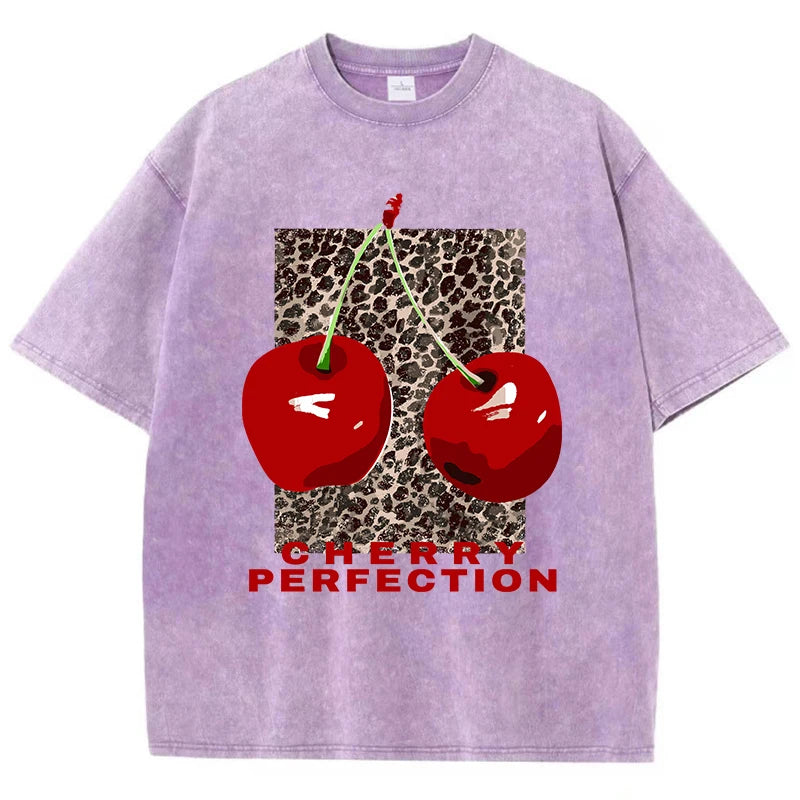 Cherry perfection Washed T Shirt Women Cotton Leopard Prints Oversize