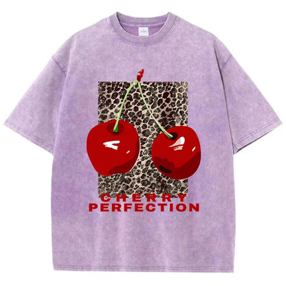 Cherry perfection Washed T Shirt Women Cotton Leopard Prints Oversize