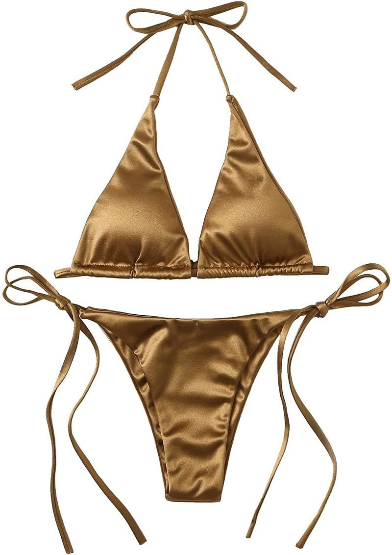 Sexy Damen-Bikini-Set, metallisches Neckholder-Oberteil, zweiteiliger Badeanzug, seitlich gebundener Triangel-Bikini