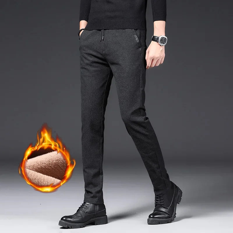 Winter Plush Trousers Men Business Fleece Pants Fashion