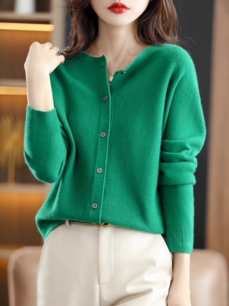 Autumn Cardigan Wool Natural Fiber Round Neck Raglan Sleeves Fashion Sweater Seamless One Line - xinnzy