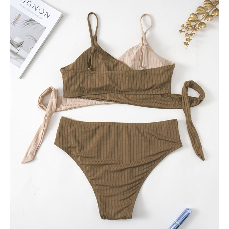 Bikini-Set für Damen, Übergröße, Farbblock-Wickel, hohe Taille, Baden