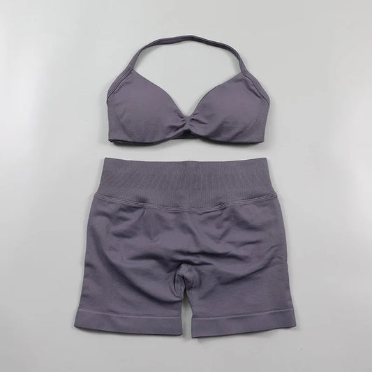 Ruched Seamless Yoga Set Women 2 Piece Halter Bra and Gym Shorts Outfit
