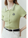 T-Shirt Slim Short Single Breasted Cardigans College Style Polo Neck Short Sleeve Knit
