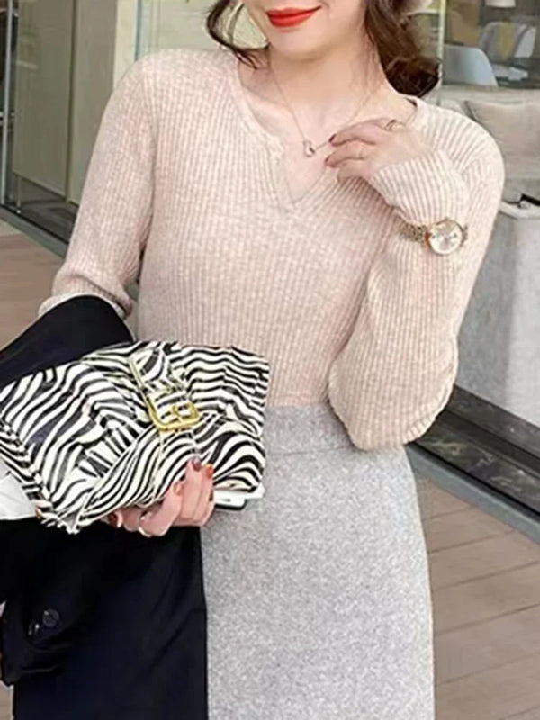 V Neck Sweater Women Knit Pullover Fall Winter Solid Color Top