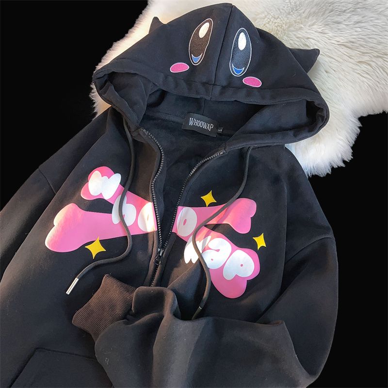 Kapuzenpullover Teufelshorn Kawaii Cartoon Reißverschluss Übergroß