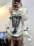 Y2k Harajuku Gothic Knitted Pullovers Skull Off The Shoulder Punk Girls Hole Loose Sweater