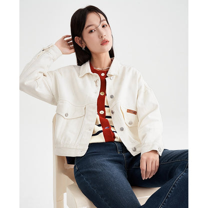 Women Denim Jacket Long Sleeve Polo Neck Loose Coat Warm