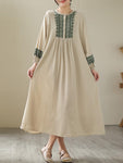 Long Cotton Dresses Women Vintage Style Geometric Embroidery Loose Female Casual Dress