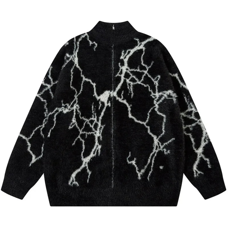 American High Street Retro Lightning Crack Jacquard Sweater Jacket