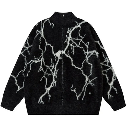 American High Street Retro Lightning Crack Jacquard Sweater Jacket