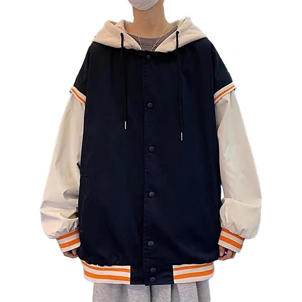 Trendy Pockets Drawstring Patchwork Color Baseball Jacket Coat