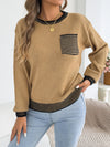 Womens Color Block Stripe Sweater Puff Sleeve Pocket Fall Winter